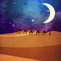 A painting of a camel convoy walking on sand in the desert at night. Royalty Free Stock Photo