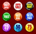 Product promotion glossy circle buttons or badges.. Hot offer, super sale, shopping night, free, hot deal, best price lettering. Royalty Free Stock Photo