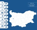 Flat high detailed Bulgaria map. Divided into editable contours of administrative divisions. Vacation and travel icons.