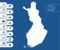 Flat high detailed Finland map. Divided into editable contours of administrative divisions. Vacation and travel icons.