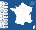 Flat high detailed France map. Divided into editable contours of administrative divisions. Vacation and travel icons.