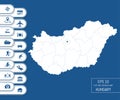 Flat high detailed Hungary map. Divided into editable contours of administrative divisions. Vacation and travel icons.