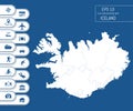 Flat high detailed Iceland map. Divided into editable contours of administrative divisions. Vacation and travel icons.