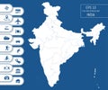 Flat high detailed India map. Divided into editable contours of administrative divisions. Vacation and travel icons.