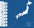 Flat high detailed Japan map. Divided into editable contours of administrative divisions. Vacation and travel icons.