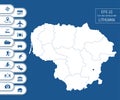 Flat high detailed Lithuania map. Divided into editable contours of administrative divisions. Vacation and travel icons.