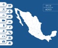 Flat high detailed Mexico map. Divided into editable contours of administrative divisions. Vacation and travel icons.