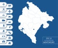 Flat high detailed Montenegro map. Divided into editable contours of administrative divisions. Vacation and travel icons.