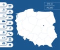 Flat high detailed Poland map. Divided into editable contours of administrative divisions. Vacation and travel icons.