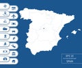 Flat high detailed Spain map. Divided into editable contours of administrative divisions. Vacation and travel icons.