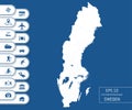 Flat high detailed Sweden map. Divided into editable contours of administrative divisions. Vacation and travel icons.
