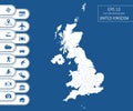 Flat high detailed United Kingdom map. Divided into editable contours of administrative divisions. Vacation and travel icons. Royalty Free Stock Photo