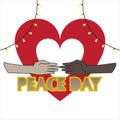 Celebration of peace day around the world with a red heart background.