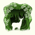 Forest wilderness landscape. Deer silhouettes. Abstract 3D background. Paper cut shapes. Template for your design works. Royalty Free Stock Photo