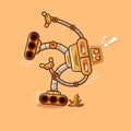 Cute robot sliping on a banana peel mascot vector cartoon illustration