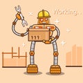 Cute worker builder robot holding a wrench and tool box mascot vector cartoon illustration