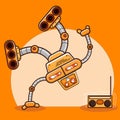 Cute robot dancing backflip with hand and retro radio mascot vector cartoon illustration