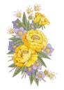 Beautiful yellow and lilac colors. Vector illustration for printing onto fabric, paper, pattern for embroidery or tattoo. Royalty Free Stock Photo