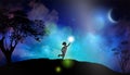 Child with spark of hope, the light of faith, new moon, night sky, nature background Royalty Free Stock Photo