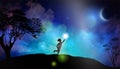 Child with spark of hope, the light of faith, new moon, night sky, nature background