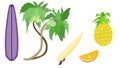 A cute set with surf boards, palm trees and fruits Royalty Free Stock Photo