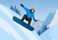 Snowboarding. Snowboarder glides on the background of snowy mountains