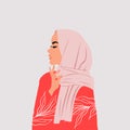 Muslim woman wearing hijab side profile with thinking hand pose. International women`s day clip art.