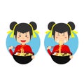 Cute Girl Traditional Chinese Attire Eating Bowl Ramen Noodle