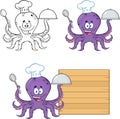 Octopus Chef Cartoon Character Serving Food. Set Vector Collection Royalty Free Stock Photo