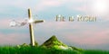 3D illustration of Easter scene with Cross and white tunic linen fluttering in the wind. He is risen. Royalty Free Stock Photo