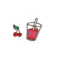 A glass of juice icon with straw. cherry juice with cherry fruit on white background. red color. hand drawn vector. healthy drink Royalty Free Stock Photo