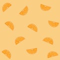 Orange fruit icon, slice of orange fruit. orange background. hand drawn vector. sweet and fresh fruit. cartoon style. doodle art f Royalty Free Stock Photo