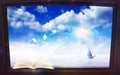 Magic story book of life dreams, freedom boat, holiday, soul journey to the light, heavenly sky, path to God Royalty Free Stock Photo