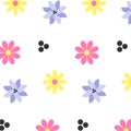 Simple seamless pattern with cute little flowers and black dots.