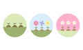 Vector set illustrations with three sprouts, three different flowers and three white flowers. Royalty Free Stock Photo