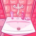 Conceptual art of a pink sink in a pretty bathroom with water tap, hand soap and shiny faience. Vector illustration and drawing wi Royalty Free Stock Photo