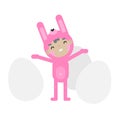 Vector easter illustration with cute character boy or kid in pink bunny costume and eggs.