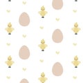 Vector chicks and eggs pattern on white background.