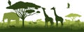 Vector seamless tropical african savannah with giraffe, caracal, vulture, eagle, lion, elephant, leopard, crane and warthog