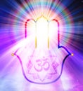 Hamsa Hand,  Hand of God, Om symbol, Spiritual guidance, Angel of light and love doing a miracle on sky, rainbow energy Royalty Free Stock Photo