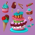 Set of sweet food icons vector illustration. Cake, wafer, muffins, ice cream, candy, lollipop. Royalty Free Stock Photo
