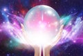 Magic crystal globe, love spell, universe, manifestation, spiritual guidance, angel meditation, aura, rainbow angelic wings miracl Royalty Free Stock Photo