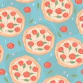 Italian pizza seamless pattern. Background with tomatoes and basil. Royalty Free Stock Photo