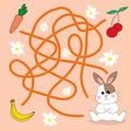 Help cute bunny find path to carrot. Labyrinth. Maze game for kids. Messy line children logic game. Confusing path lines