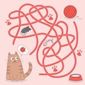 Help cute cat find path to ball of thread. Labyrinth. Maze game for kids. Messy line children logic game. Confusing path lines