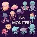 Pattern of cartoon monsters illustration sprite flat style. Happy and funny sea octopus monster swimming and looking . Royalty Free Stock Photo