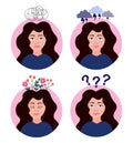 Woman with mental problems. Stress Awareness. Anxiety. Depression. ADHD. Mental health. Inner peace. Flat vector illustration.