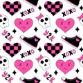 Seamless pattern with emo elements. Y2k style. Hearts in chessboard, XoXo, sneakers, skulls. Black and pink. Vector flat illustrat
