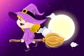 Cute cartoon witch flying on broomstick against full moon light, wizard wearing costume. Night sky with stars and moon. Royalty Free Stock Photo