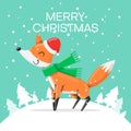 Smiling face a fox for Christmas and New year. Cartoon cute little fox character in winter hat and scarf. Royalty Free Stock Photo